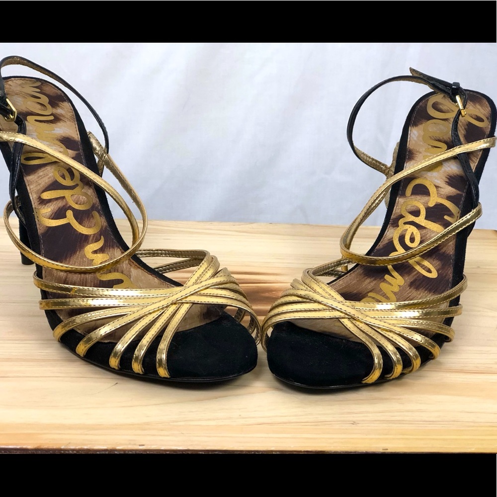 Sam Edelman Gold and Black strappy stilettos 8